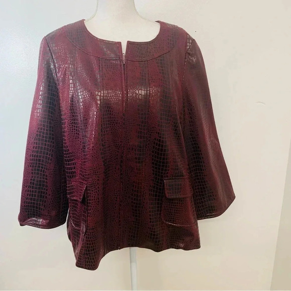 Susan Graver Style Jacket Woman Large  Maroon Snake Print Texture Pockets Career - Picture 1 of 13
